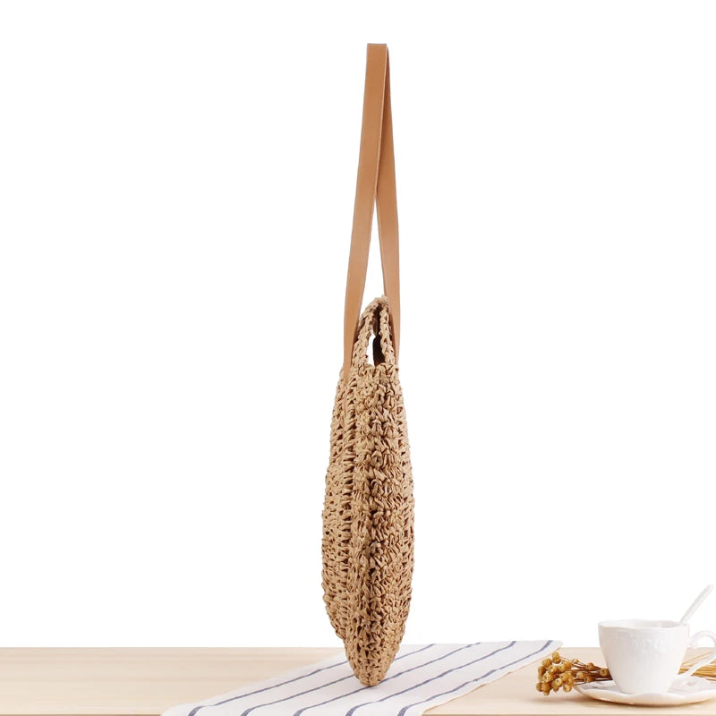 Vintage Woven Straw Beach Bag - Handmade Raffia Rattan Shoulder Bag - ZOOMNSTORE