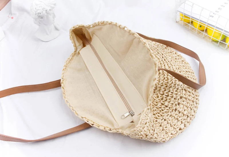 Vintage Woven Straw Beach Bag - Handmade Raffia Rattan Shoulder Bag - ZOOMNSTORE