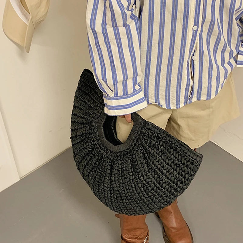 Handmade Rattan Half-Moon Beach Tote Bag - Summer Straw Fashion Handbag - ZOOMNSTORE