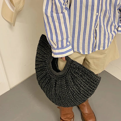 Handmade Rattan Half-Moon Beach Tote Bag - Summer Straw Fashion Handbag - ZOOMNSTORE
