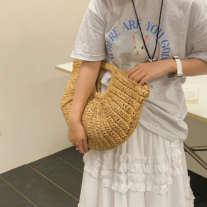 Handmade Rattan Half-Moon Beach Tote Bag - Summer Straw Fashion Handbag - ZOOMNSTORE