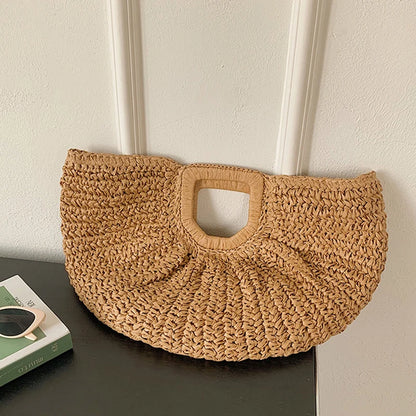 Handmade Rattan Half-Moon Beach Tote Bag - Summer Straw Fashion Handbag - ZOOMNSTORE