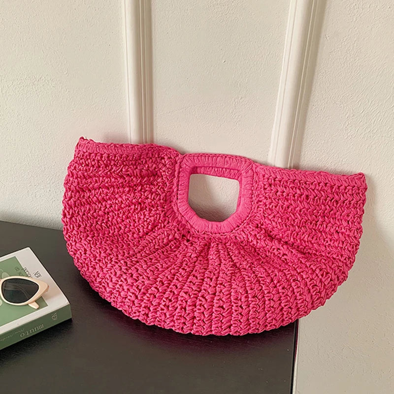 Handmade Rattan Half-Moon Beach Tote Bag - Summer Straw Fashion Handbag - ZOOMNSTORE