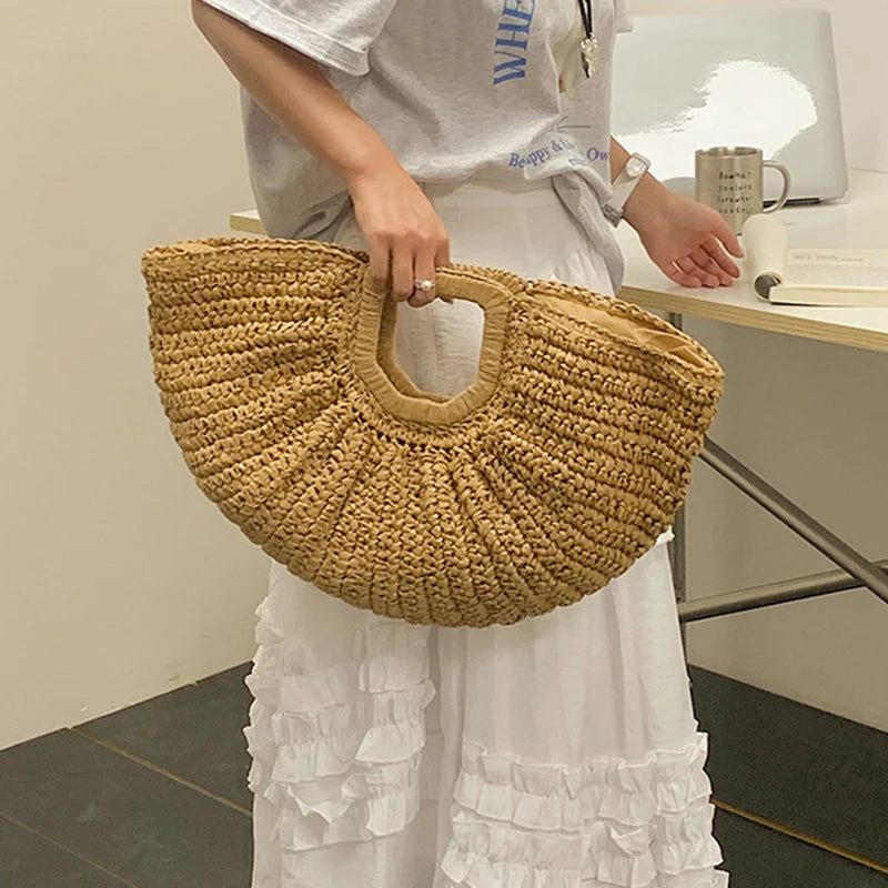 Handmade Rattan Half-Moon Beach Tote Bag - Summer Straw Fashion Handbag - ZOOMNSTORE