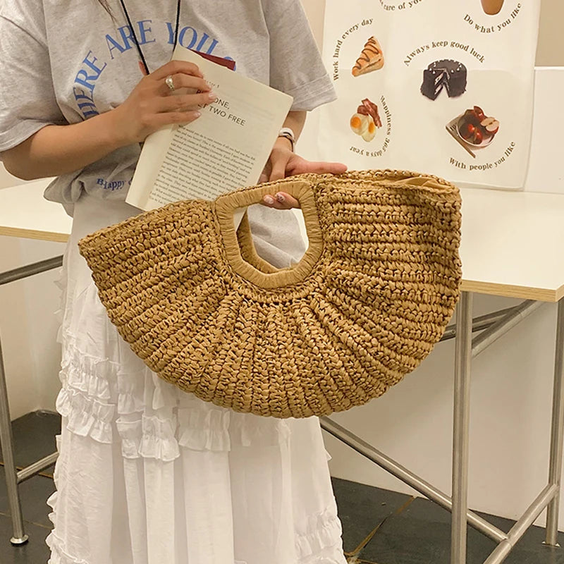 Handmade Rattan Half-Moon Beach Tote Bag - Summer Straw Fashion Handbag - ZOOMNSTORE