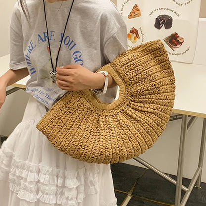 Handmade Rattan Half-Moon Beach Tote Bag - Summer Straw Fashion Handbag - ZOOMNSTORE