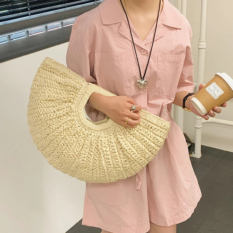 Handmade Rattan Half-Moon Beach Tote Bag - Summer Straw Fashion Handbag - ZOOMNSTORE