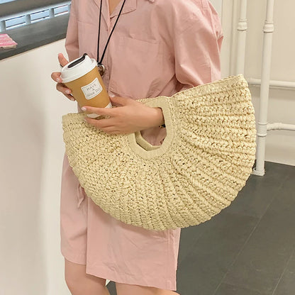 Handmade Rattan Half-Moon Beach Tote Bag - Summer Straw Fashion Handbag - ZOOMNSTORE