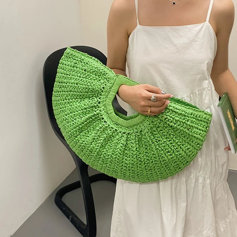 Handmade Rattan Half-Moon Beach Tote Bag - Summer Straw Fashion Handbag - ZOOMNSTORE