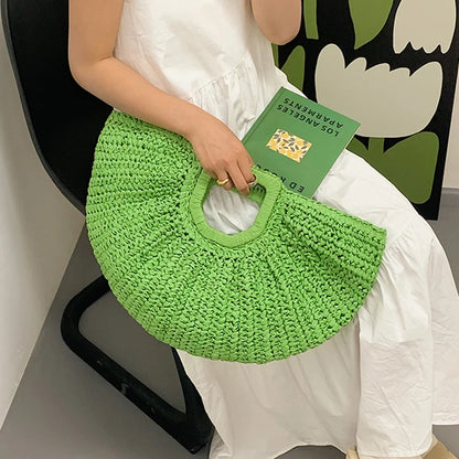 Handmade Rattan Half-Moon Beach Tote Bag - Summer Straw Fashion Handbag - ZOOMNSTORE