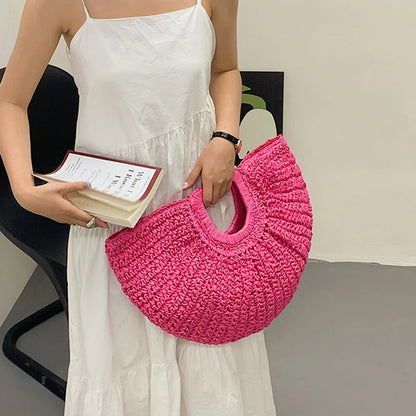 Handmade Rattan Half-Moon Beach Tote Bag - Summer Straw Fashion Handbag - ZOOMNSTORE