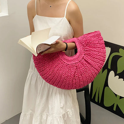 Handmade Rattan Half-Moon Beach Tote Bag - Summer Straw Fashion Handbag - ZOOMNSTORE