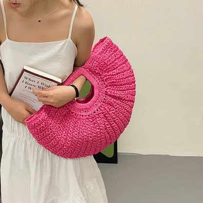 Handmade Rattan Half-Moon Beach Tote Bag - Summer Straw Fashion Handbag - ZOOMNSTORE