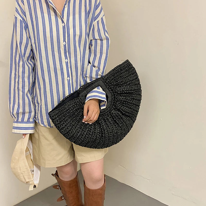 Handmade Rattan Half-Moon Beach Tote Bag - Summer Straw Fashion Handbag - ZOOMNSTORE