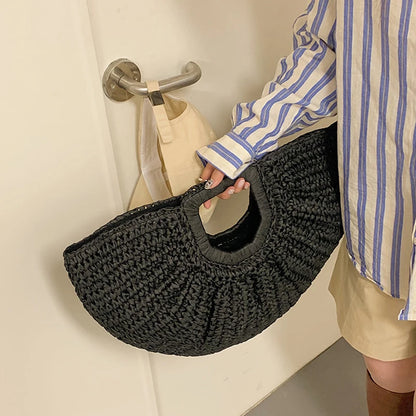 Handmade Rattan Half-Moon Beach Tote Bag - Summer Straw Fashion Handbag - ZOOMNSTORE