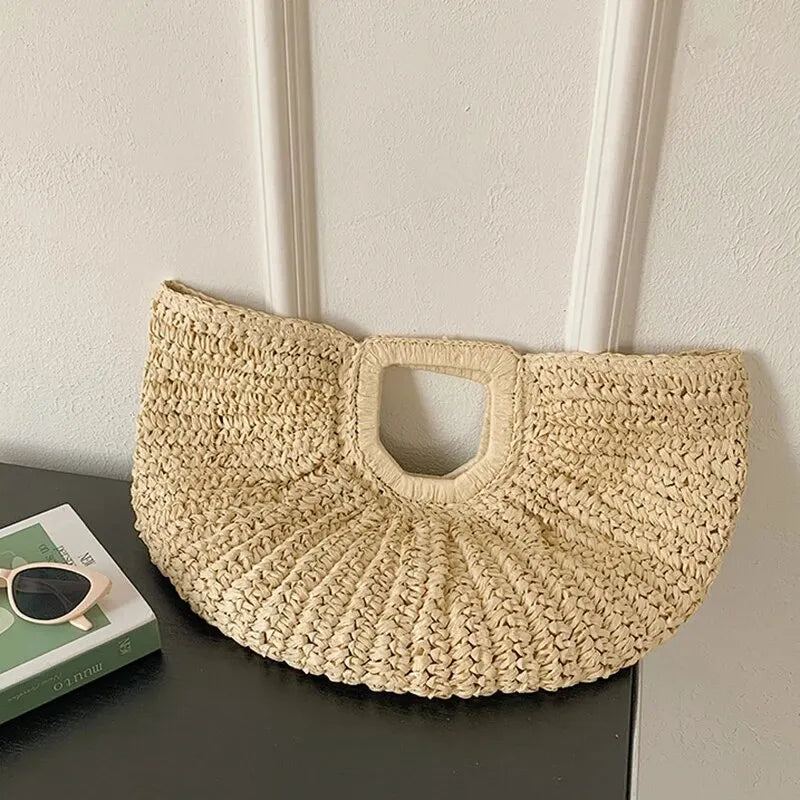 Handmade Rattan Half-Moon Beach Tote Bag - Summer Straw Fashion Handbag - ZOOMNSTORE