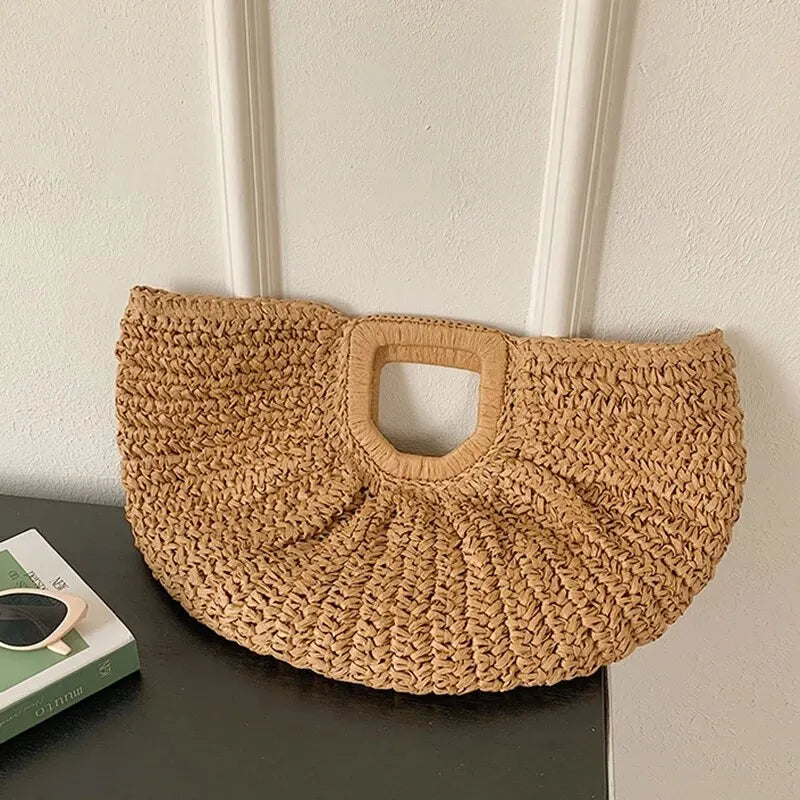 Handmade Rattan Half-Moon Beach Tote Bag - Summer Straw Fashion Handbag - ZOOMNSTORE