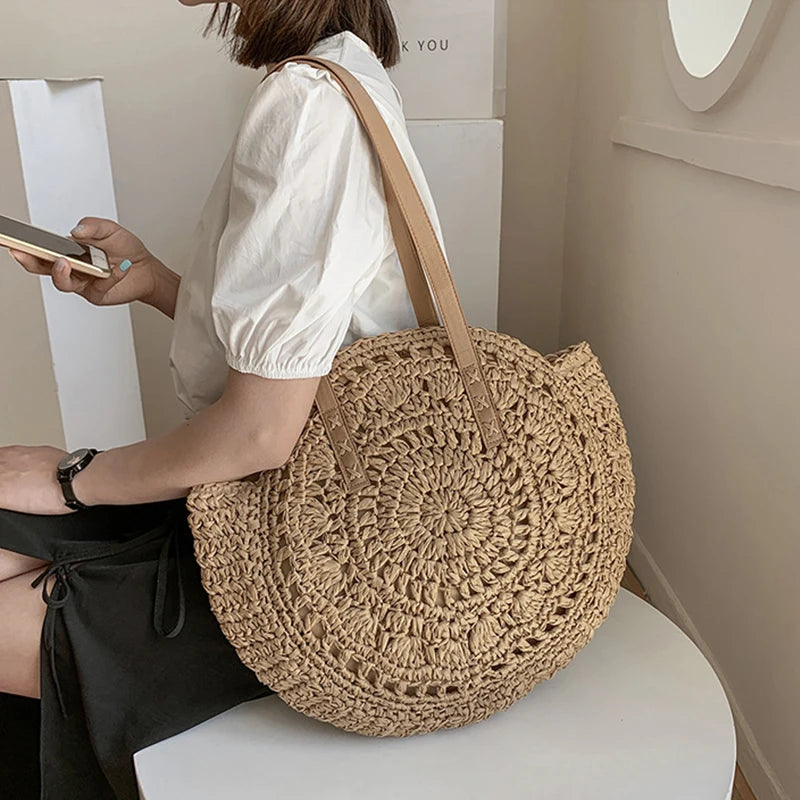 Handmade Woven Straw Beach Bag - Large Capacity Rattan Shoulder Tote for Women - ZOOMNSTORE