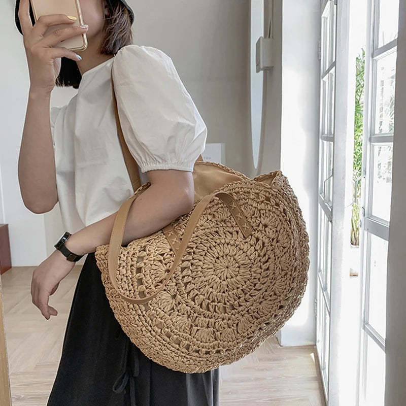 Handmade Woven Straw Beach Bag - Large Capacity Rattan Shoulder Tote for Women - ZOOMNSTORE