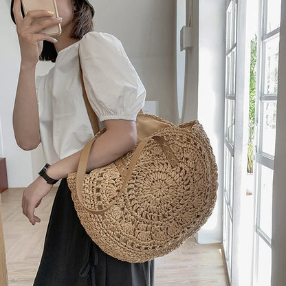 Handmade Woven Straw Beach Bag - Large Capacity Rattan Shoulder Tote for Women - ZOOMNSTORE