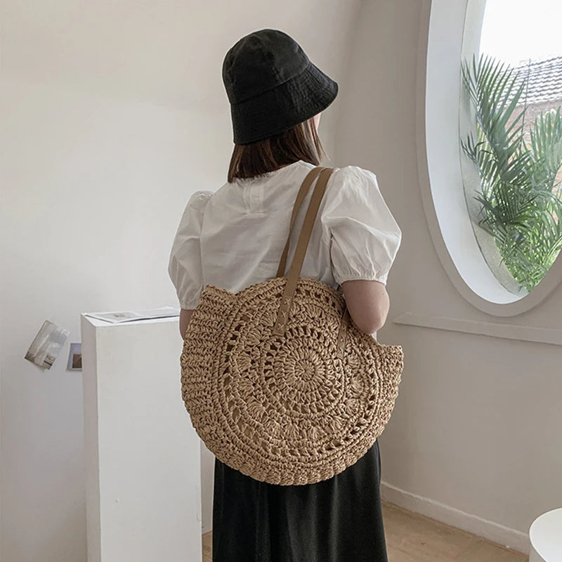 Handmade Woven Straw Beach Bag - Large Capacity Rattan Shoulder Tote for Women - ZOOMNSTORE