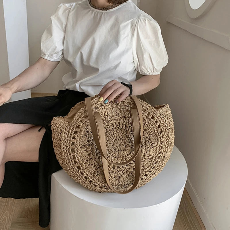 Handmade Woven Straw Beach Bag - Large Capacity Rattan Shoulder Tote for Women - ZOOMNSTORE