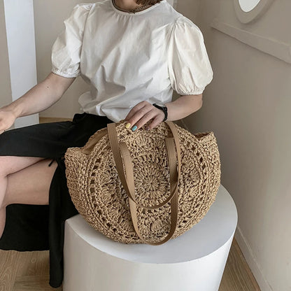 Handmade Woven Straw Beach Bag - Large Capacity Rattan Shoulder Tote for Women - ZOOMNSTORE