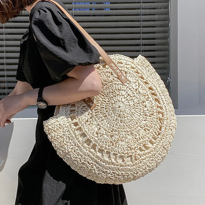 Handmade Woven Straw Beach Bag - Large Capacity Rattan Shoulder Tote for Women - ZOOMNSTORE