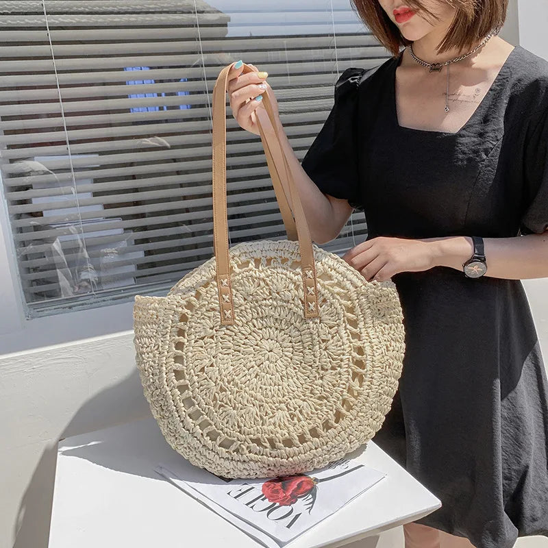 Handmade Woven Straw Beach Bag - Large Capacity Rattan Shoulder Tote for Women - ZOOMNSTORE