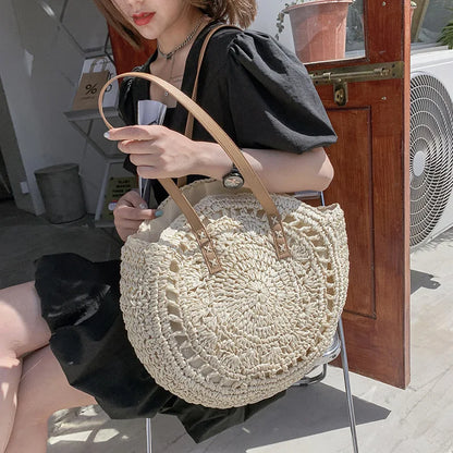 Handmade Woven Straw Beach Bag - Large Capacity Rattan Shoulder Tote for Women - ZOOMNSTORE