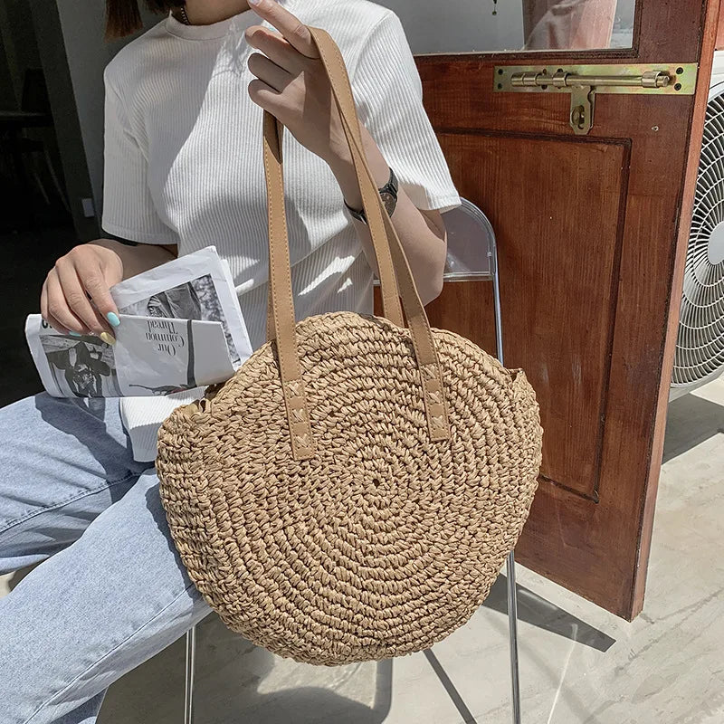 Handmade Woven Straw Beach Bag - Large Capacity Rattan Shoulder Tote for Women - ZOOMNSTORE
