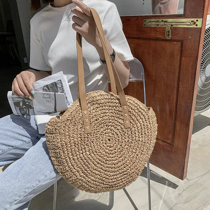 Handmade Woven Straw Beach Bag - Large Capacity Rattan Shoulder Tote for Women - ZOOMNSTORE