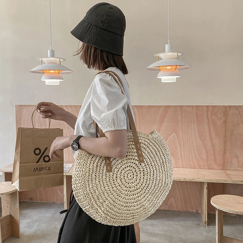 Handmade Woven Straw Beach Bag - Large Capacity Rattan Shoulder Tote for Women - ZOOMNSTORE