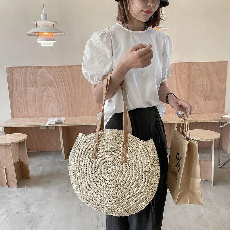 Handmade Woven Straw Beach Bag - Large Capacity Rattan Shoulder Tote for Women - ZOOMNSTORE