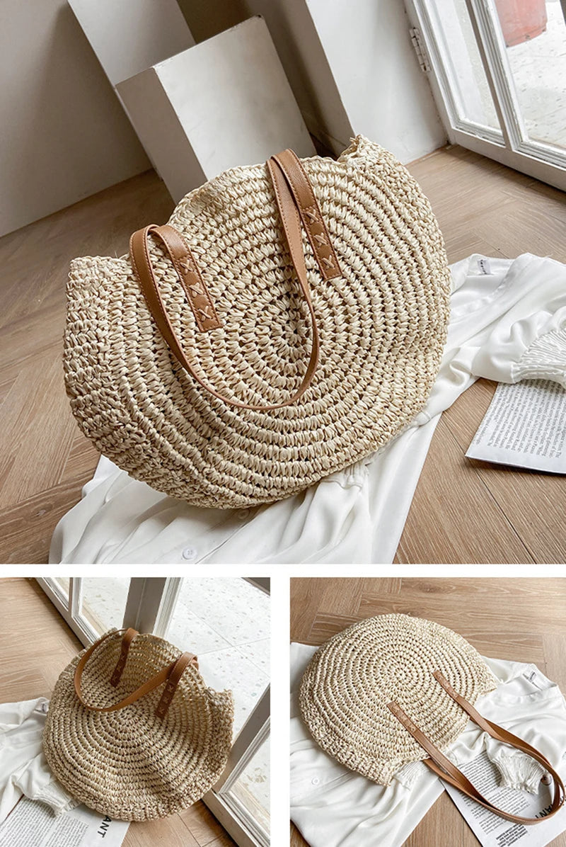 Handmade Woven Straw Beach Bag - Large Capacity Rattan Shoulder Tote for Women - ZOOMNSTORE