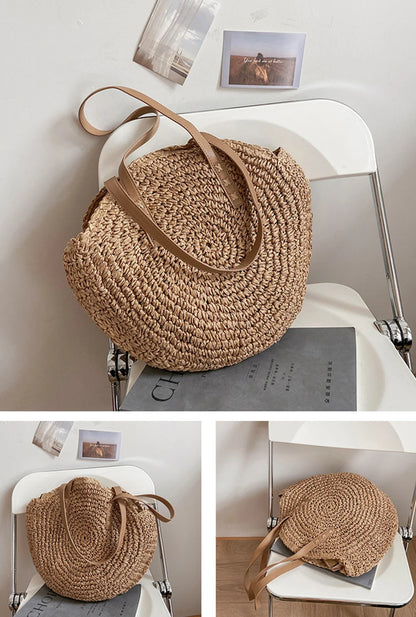 Handmade Woven Straw Beach Bag - Large Capacity Rattan Shoulder Tote for Women - ZOOMNSTORE