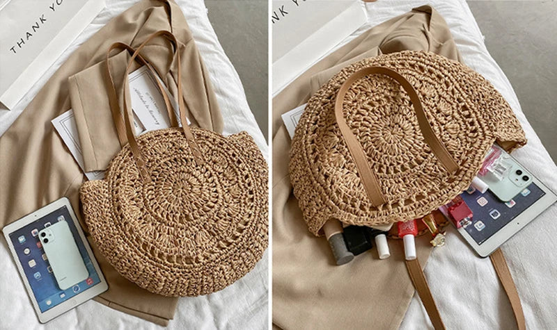 Handmade Woven Straw Beach Bag - Large Capacity Rattan Shoulder Tote for Women - ZOOMNSTORE