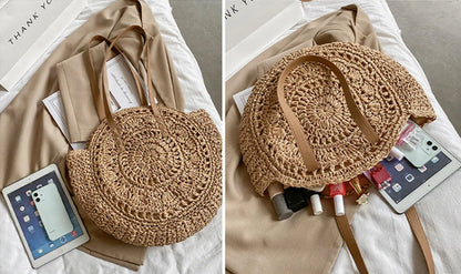 Handmade Woven Straw Beach Bag - Large Capacity Rattan Shoulder Tote for Women - ZOOMNSTORE