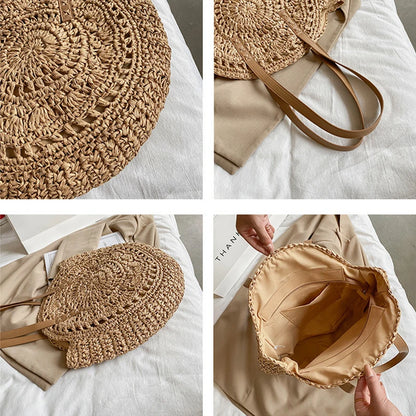 Handmade Woven Straw Beach Bag - Large Capacity Rattan Shoulder Tote for Women - ZOOMNSTORE