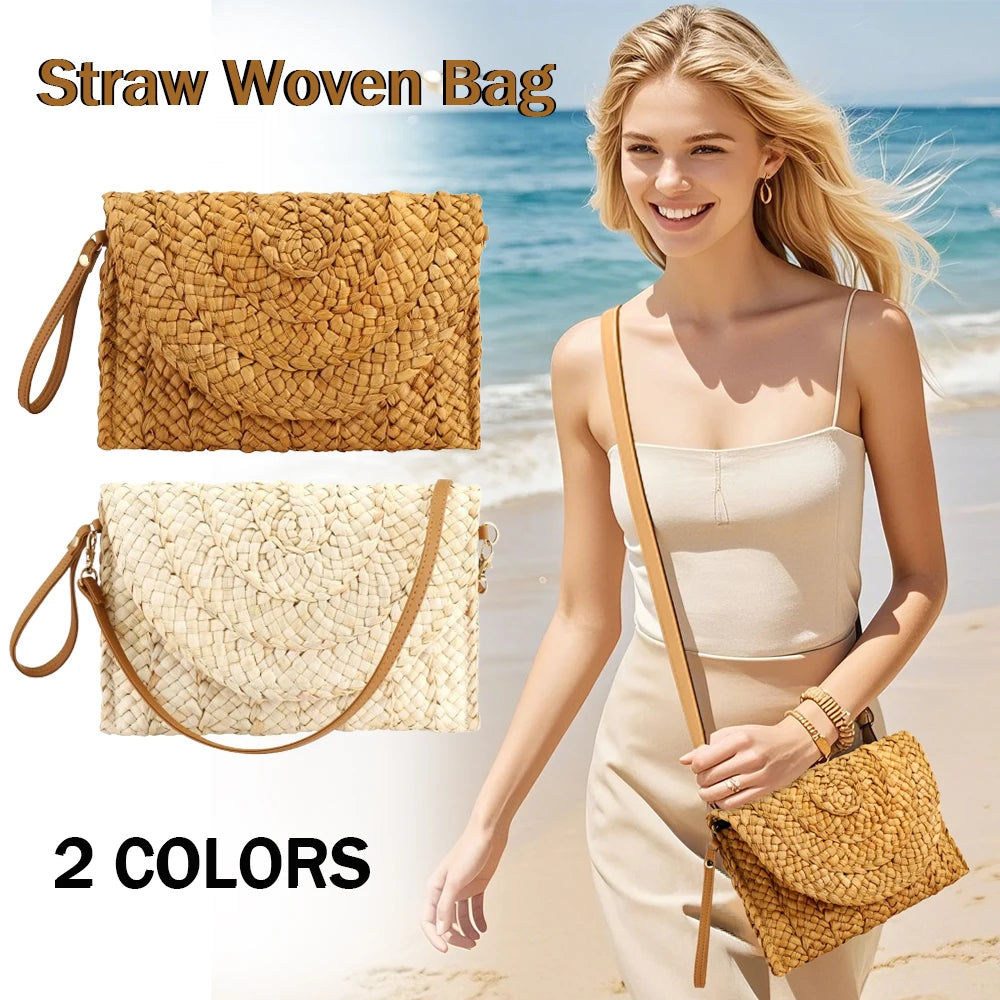 Straw Woven Shoulder Bag - Handmade Summer Beach Handbag for Women - ZOOMNSTORE