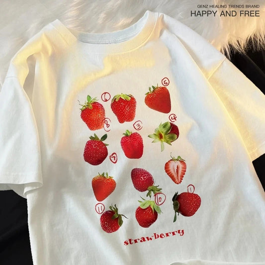 Strawberry Print Womens Summer T-Shirt - Harajuku Loose Fit Tee - ZOOMNSTORE