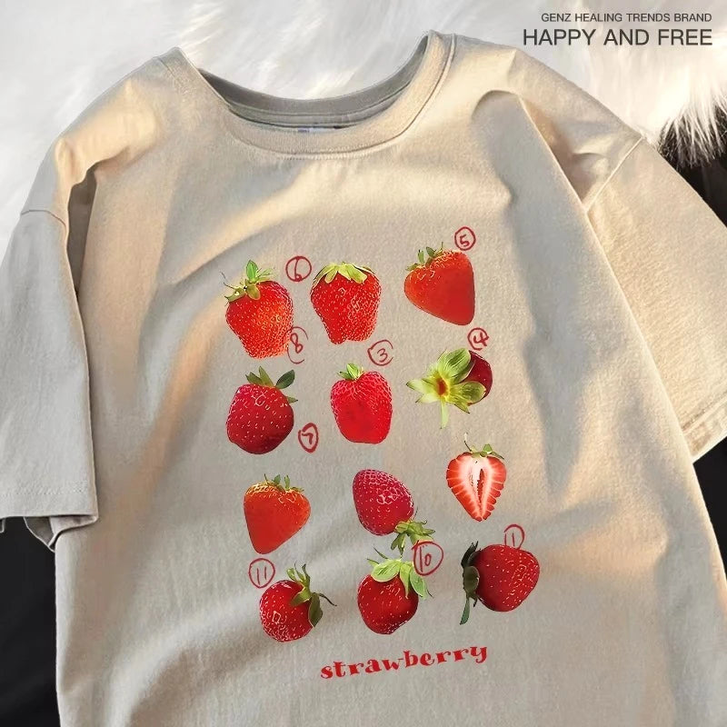 Strawberry Print Womens Summer T-Shirt - Harajuku Loose Fit Tee - ZOOMNSTORE