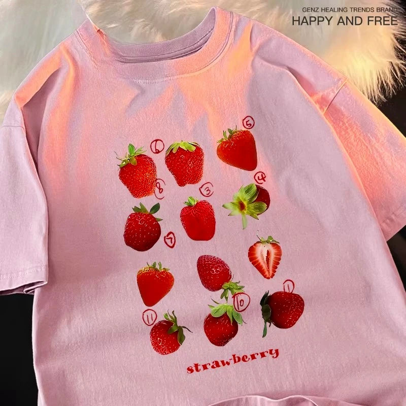 Strawberry Print Womens Summer T-Shirt - Harajuku Loose Fit Tee - ZOOMNSTORE