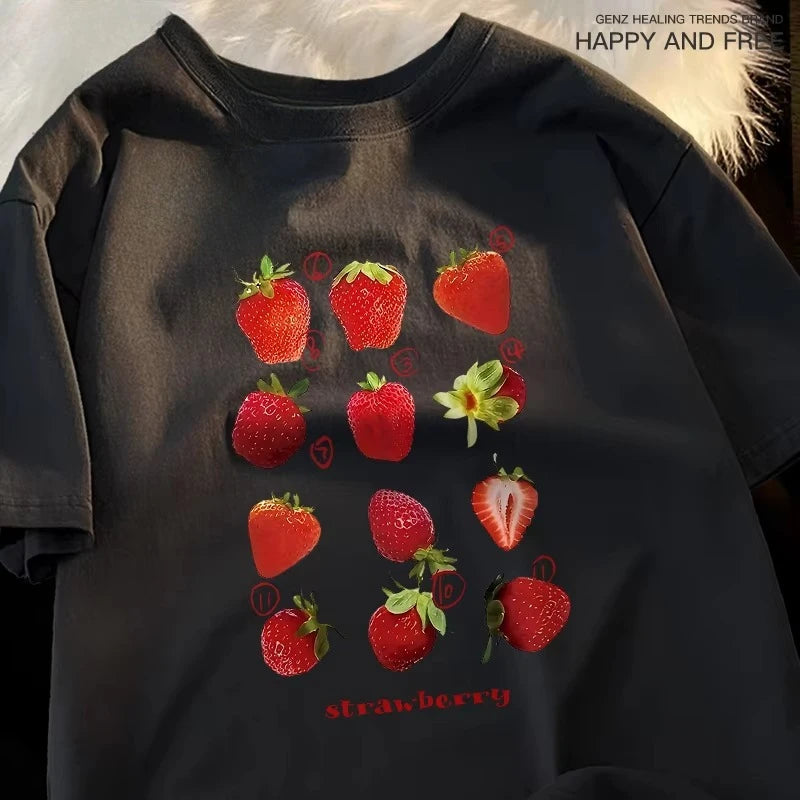 Strawberry Print Womens Summer T-Shirt - Harajuku Loose Fit Tee - ZOOMNSTORE