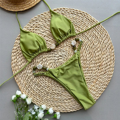 String Bikini Swimsuit - Solid Green Beaded Halter Triangle Brazilian Bikini Set - ZOOMNSTORE