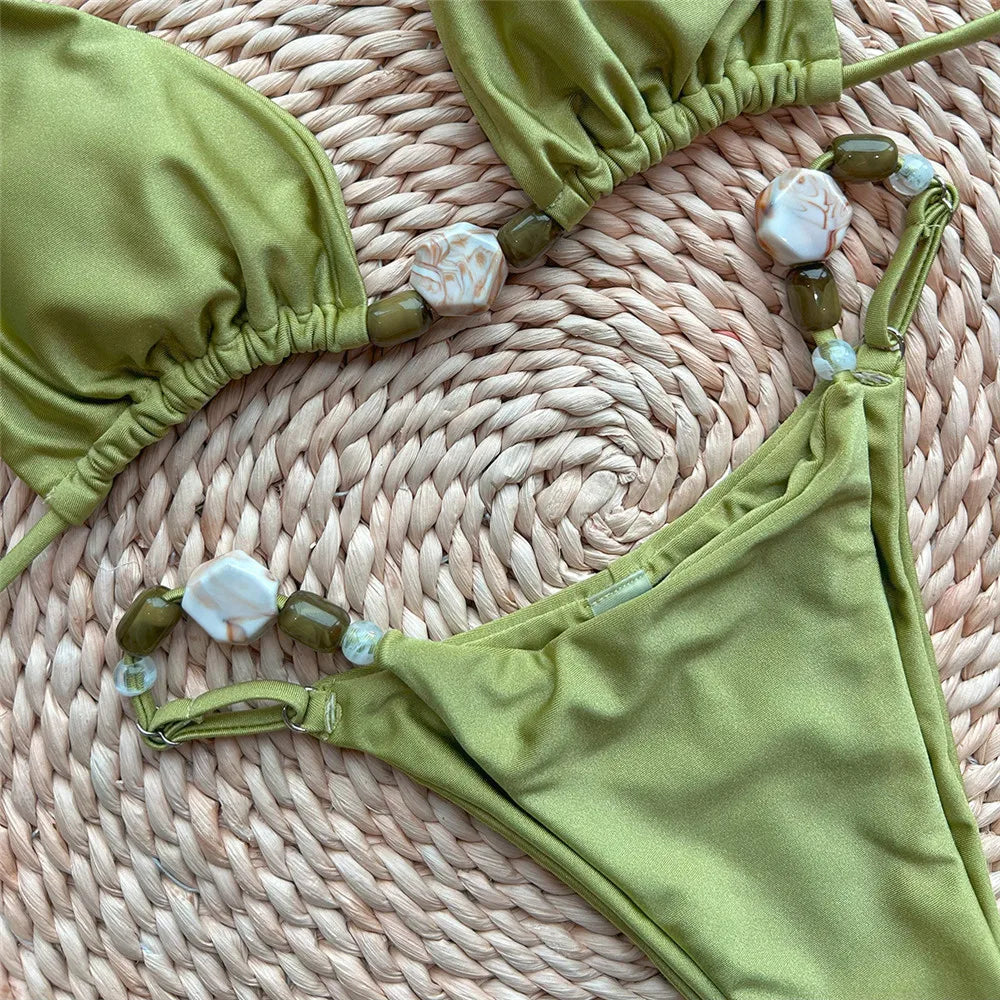 String Bikini Swimsuit - Solid Green Beaded Halter Triangle Brazilian Bikini Set - ZOOMNSTORE