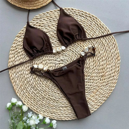 String Bikini Swimsuit - Solid Green Beaded Halter Triangle Brazilian Bikini Set - ZOOMNSTORE