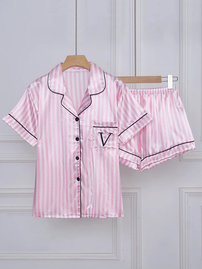 Striped Satin Pajama Set - Embroidered Pocket Sleepwear with Lapel Collar - ZOOMNSTORE