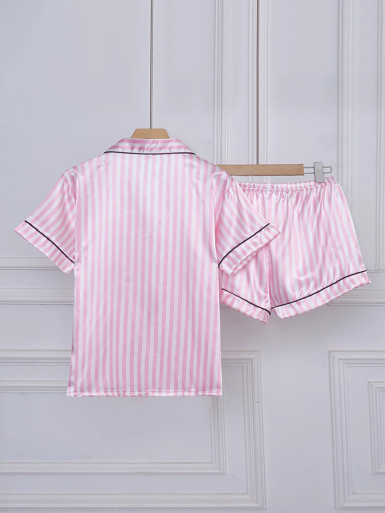 Striped Satin Pajama Set - Embroidered Pocket Sleepwear with Lapel Collar - ZOOMNSTORE
