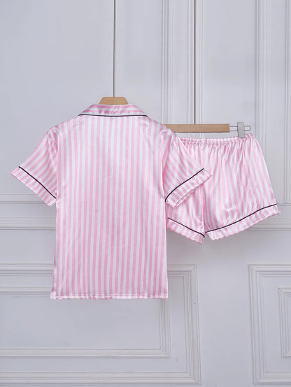 Striped Satin Pajama Set - Embroidered Pocket Sleepwear with Lapel Collar - ZOOMNSTORE